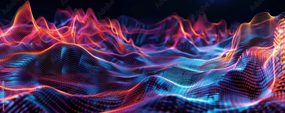 Poster vibrant abstract digital wave pattern with colorful lines and glowing effects, perfect for technolog