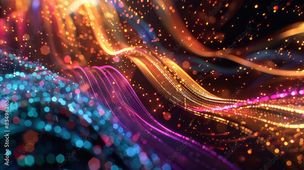 Poster vibrant abstract digital wave with colorful light particles and dynamic flowing lines, perfect for b
