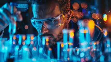 Fototapeta premium A professor conducting a research experiment in a hightech lab selective focus, research theme, futuristic, overlay, laboratory backdrop