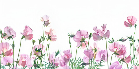 Soft Pink Flowers in a Field Against a White Background, Delicate Pink Blossoms Blooming in a Serene Meadow, Delicate Pink Cosmos Flowers on White Background