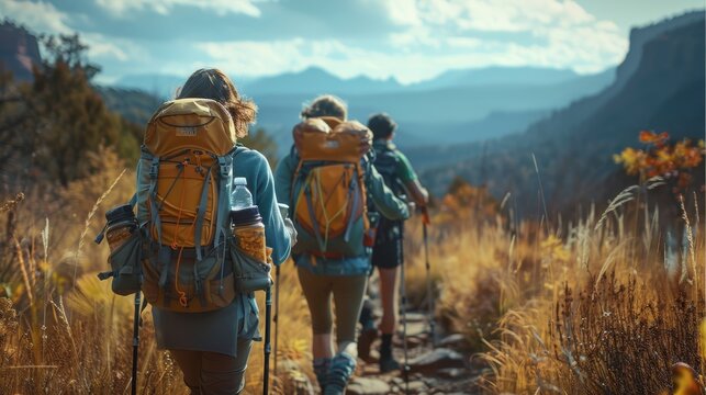 Friends hiking along a trail in a national park, backpacks filled with snacks and water bottles. Generative AI.