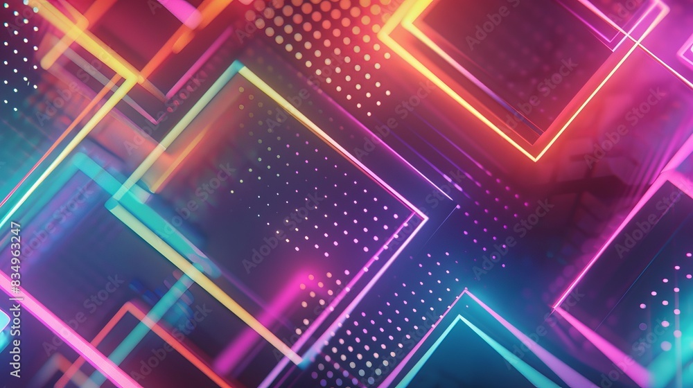 Poster vibrant futuristic geometric abstract background with neon glowing squares and dotted patterns in a 