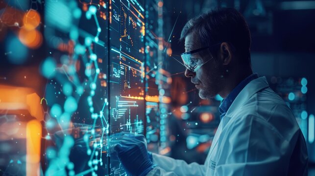 A professor conducting a research experiment in a hightech lab selective focus, research theme, futuristic, overlay, laboratory backdrop