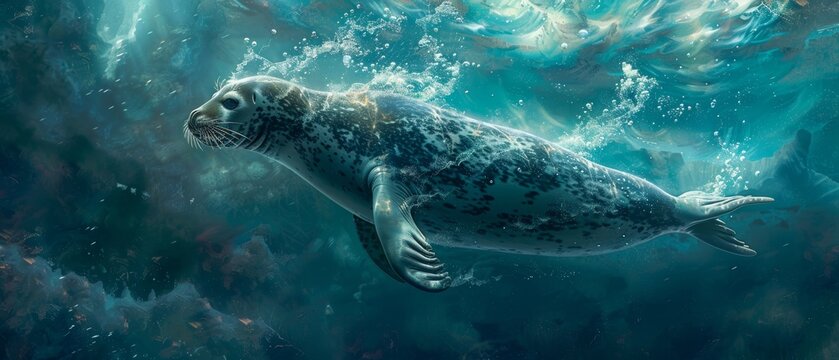 Beneath the ice, a leopard seal in a dynamic hunt, bubbles rising, underwater Arctic scene