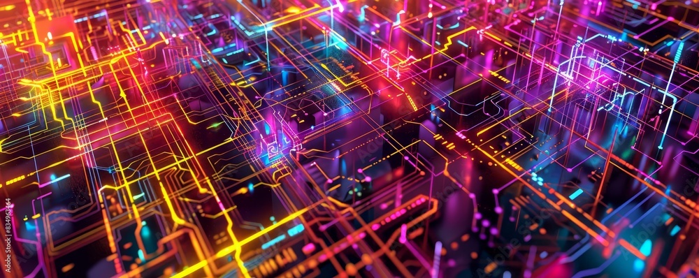 Aufkleber vivid abstract digital circuit board with glowing neon lights in multiple colors, representing techn