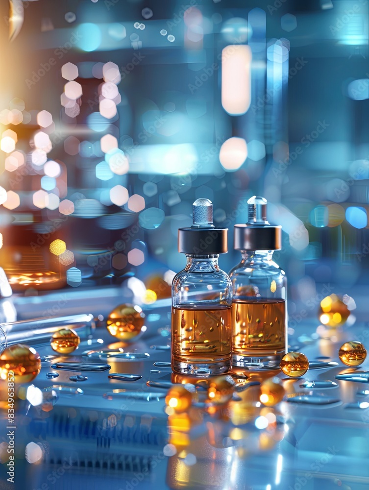 Poster two glass bottles with serums and droplets on a laboratory table with scientific equipment in the ba