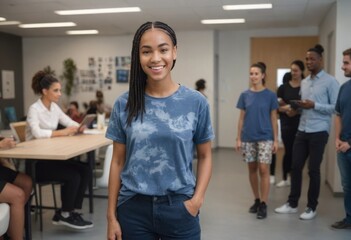 Obraz premium A young woman in a casual blue shirt smiles confidently in a bustling office space. Her presence is lively and enthusiastic.