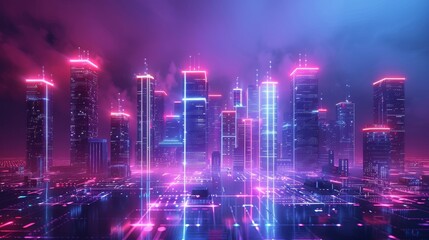 Obraz premium Digital buildings and neon lights, futuristic smart city concept