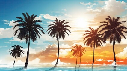 Summertime background with palm trees, summer sun and white brush strokes for your season graphic design. Hot Sunny Days. Vector illustration.