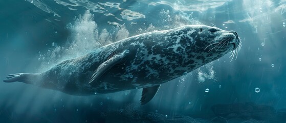 Fototapeta premium Dynamic chase of a leopard seal under the ice, hunting, bubbles rising, underwater Arctic scene