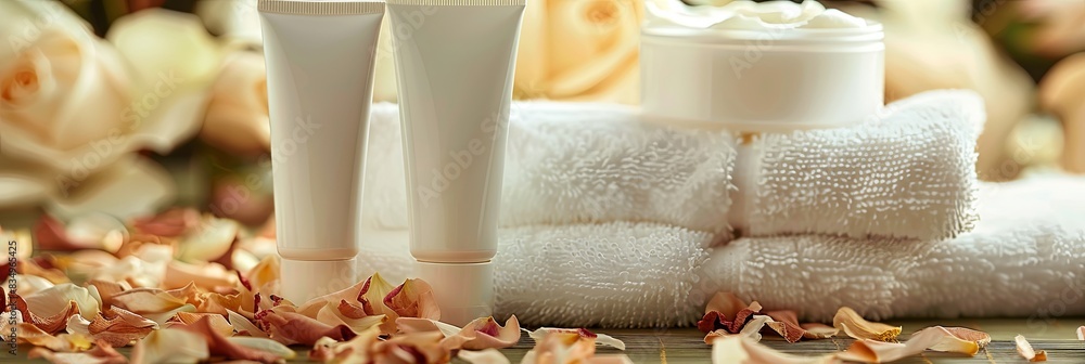 Poster two tubes of hand and foot cream sit on a table with soft towels and rose petals. generative ai