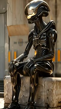 Futuristic Alien Robot Sitting on a Concrete Block