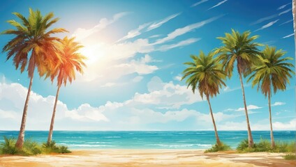 Fototapeta premium Summertime background with palm trees, summer sun and white brush strokes for your season graphic design. Hot Sunny Days. Vector illustration.