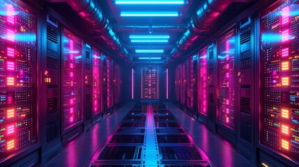 Fototapeta premium Futuristic server room with advanced technology, illuminated racks, vibrant colors, modern design