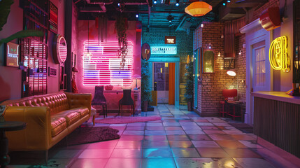 Obraz premium Vibrant Retro Set Design and Exaggerated Expressions Create Hilarious Sitcom Scene in Neon-Noir Streets