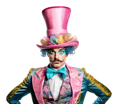 PNG Mad man wearing a colorful vintage hat costume white background celebration. 