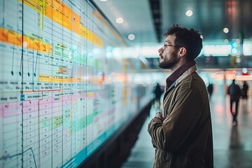 A project manager reviewing project timelines on a digital board focus on planning, technology theme, vibrant, composite, modern office backdrop