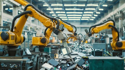Robotic arms segregate e-waste components in a high-tech plant, enhancing recycling and reducing environmental impact.