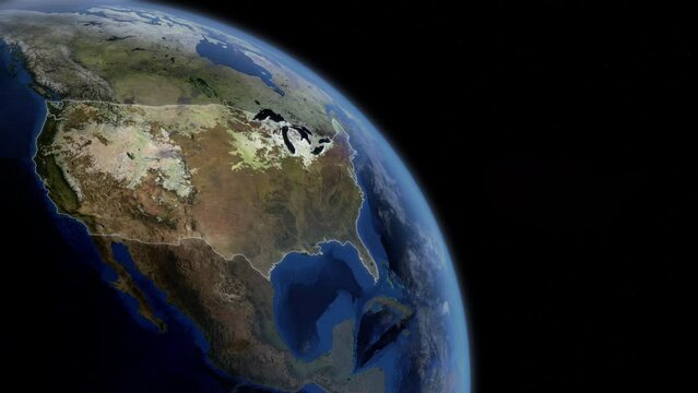 Fly Zoom into USA, America, United States of America, Washington, New York, Los Angeles, through space to see the country map region from above from space. Detailed map Showing area, HD and 4K.