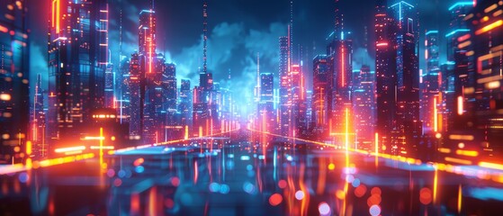 Fototapeta premium Futuristic technology city, smart digital buildings illuminated with neon lights