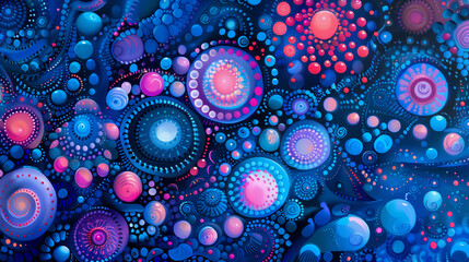 A tranquil blue backdrop is enlivened with an eclectic mix of pink and blue circles and spirals of varying sizes and patterns, creating a vibrant, fluid tapestry that exudes dynamic harmony.
