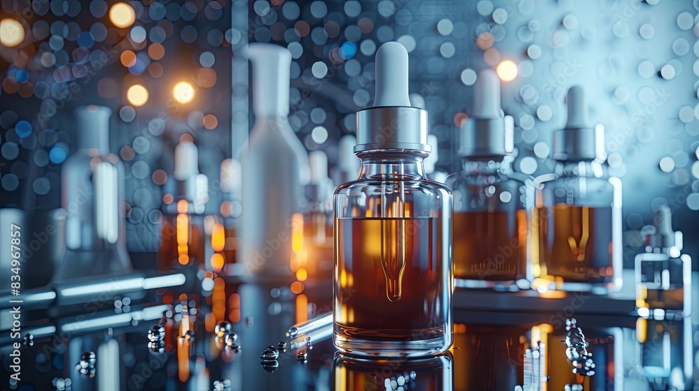 Aufkleber close-up image of glass bottles filled with serums and droppers. generative ai