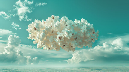 A fluffy popcorn cloud floating serenely against a vibrant blue sky, evoking a dreamy, surreal landscape.