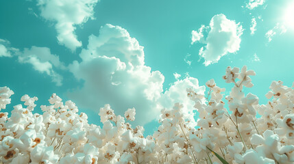 A whimsical meadow stretches out, brimming with lush, white popcorn instead of flowers, set against a vibrant blue sky dotted with fluffy clouds.
