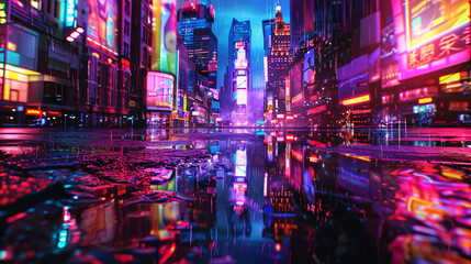 Whimsical Children's Book Illustration: Neon Cityscape Reflected in Puddle, Distorted Dreamlike Perspective