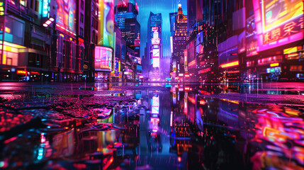 Fototapeta premium Whimsical Children's Book Illustration: Neon Cityscape Reflected in Puddle, Distorted Dreamlike Perspective