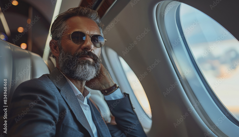 Poster a good looking businessman working on his private jet. generative ai.