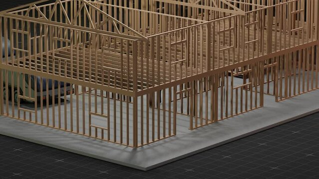 under construction house site, frame structure, with large machines, seamless looping 3D blueprint animation