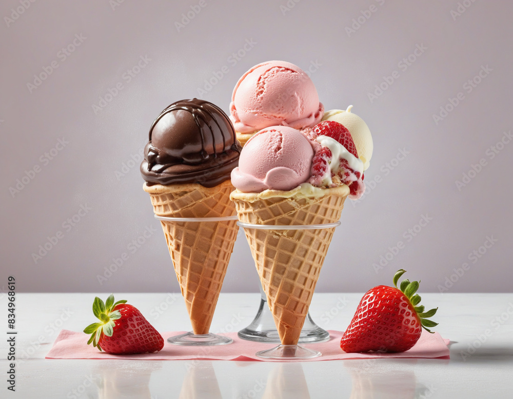 Poster assorted ice cream cones on white background with clipping path