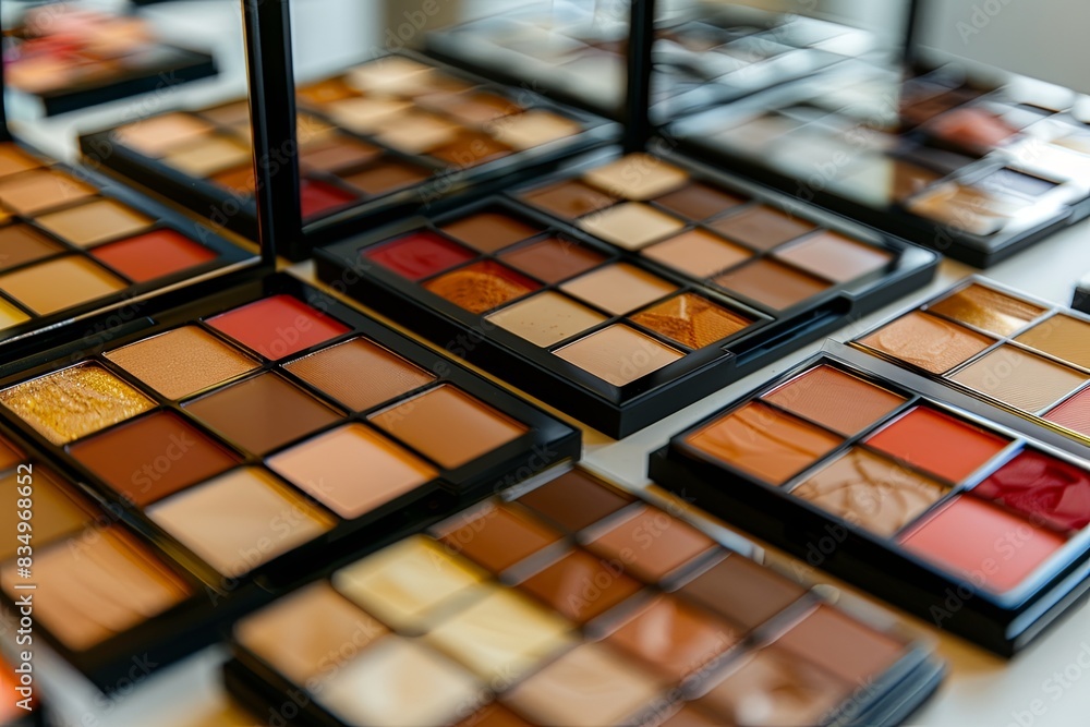 Poster a closeup of a collection of colorful makeup palettes, organized on a light background. generative a