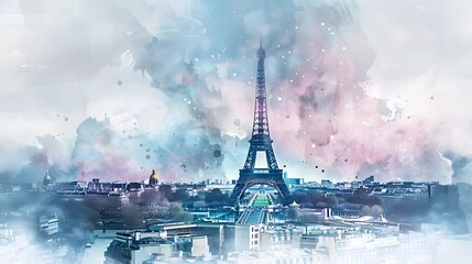 A watercolor painting of the Eiffel Tower, with soft and fluid brushstrokes blending shades of blue, gray, and touches of pink. The background includes an abstract representation of the Paris