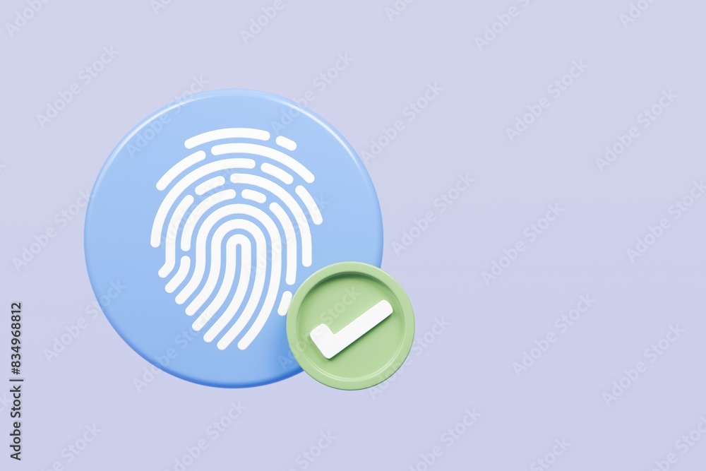 Poster 3d protection fingerprint authorization with check mark icon isolated on blue background. biometric 