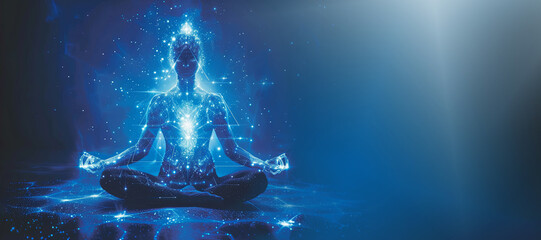 A human image in the lotus position. mental development, psychology, health. meditation, yoga. glow. banner.Сopy space