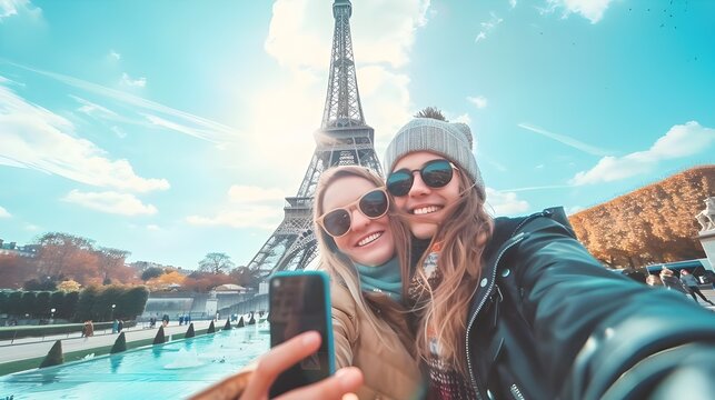 Happy couple of tourists taking selfie picture in front of Eiffel Tower in Paris, France - Travel and summer vacation life style concept