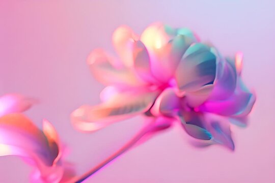 Glowing holographic peon flower petals in magical hues. Iridescent peony rose in dreamlike ambience with reflective metallic glow. Big luminous peony flower sparkling glow, pastel gradient colors	