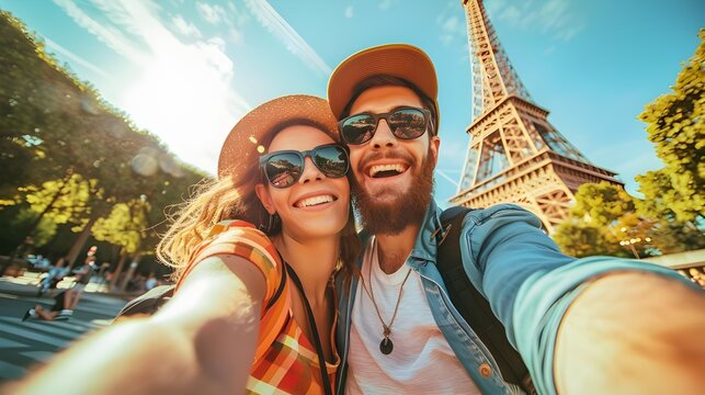 Happy couple of tourists taking selfie picture in front of Eiffel Tower in Paris, France - Travel and summer vacation life style concept