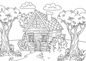 Children's coloring book outline page. Fabulous wooden house with vegetation and trees.