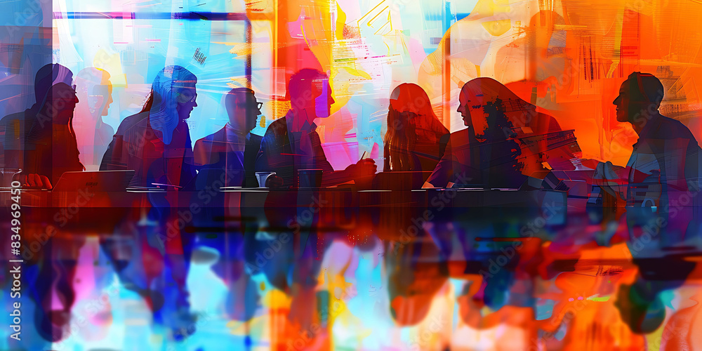 Poster digital rendering of professional meeting vibrant colors dynamic shapes representing collaboration d