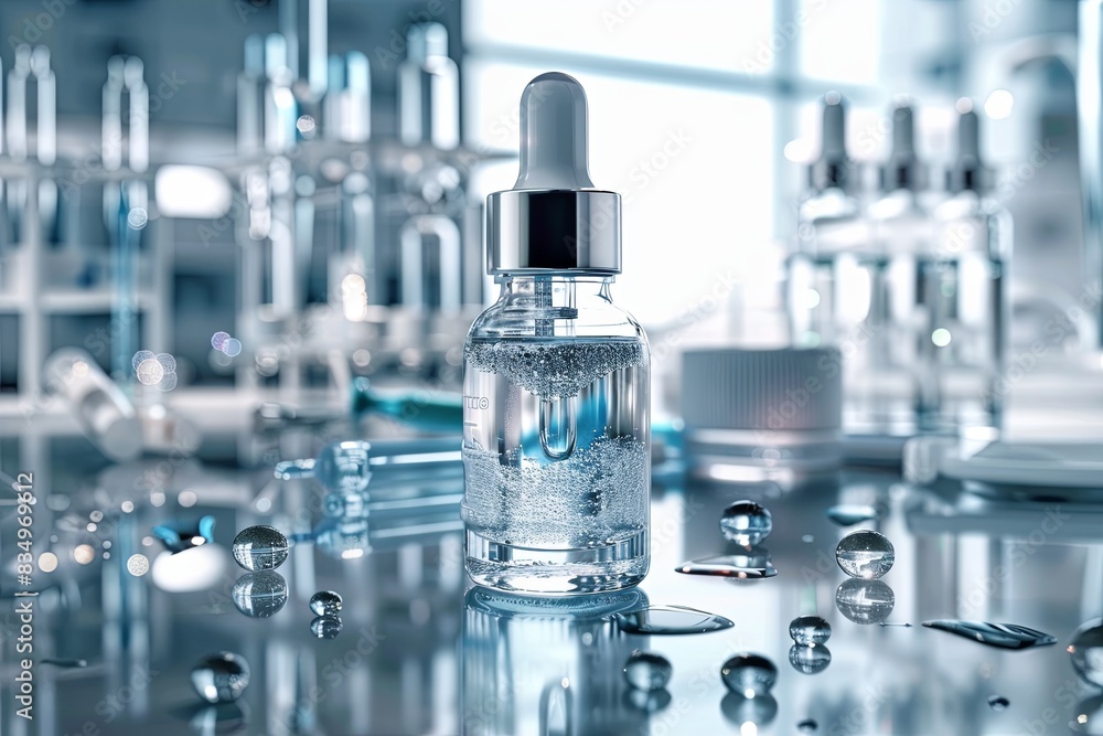 Poster A clear glass serum bottle with a dropper sits on a laboratory table surrounded by droplets of liquid. Generative AI