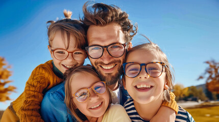 Happy caucasian family of four wearing eyeglasses. Selective focus. Smiling father and tree daughters wearing eyeglasses in various frames. Optics store, family clinic, eyewear promotion