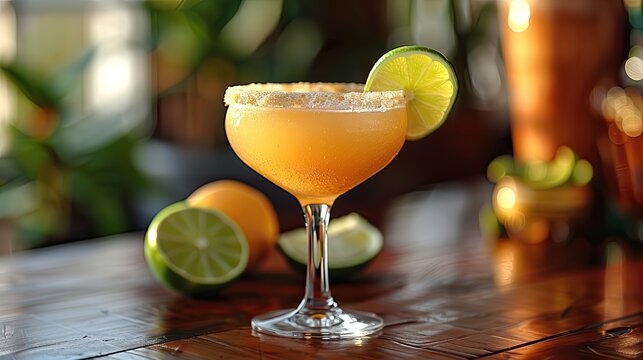 A classic margarita, with a lime wedge.