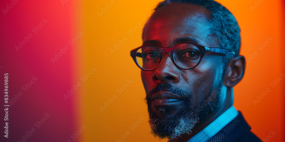 Poster digital rendering of executive portrait vibrant colors dynamic shapes representing confidence and le