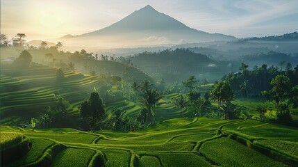 Obraz premium Indonesian nature, with soft mountain, rice fields. Generative AI.