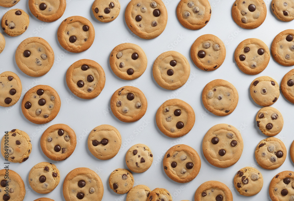 Poster an assortment of homemade chocolate chip cookies highlighted against a neutral backdrop, designed us