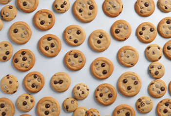 Obraz premium An assortment of homemade chocolate chip cookies highlighted against a neutral backdrop, designed using cutting-edge generative AI technology