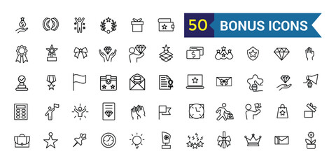 Bonus icons set. Outline set of bonus vector icons for ui design. Outline icon collection. Editable stroke.